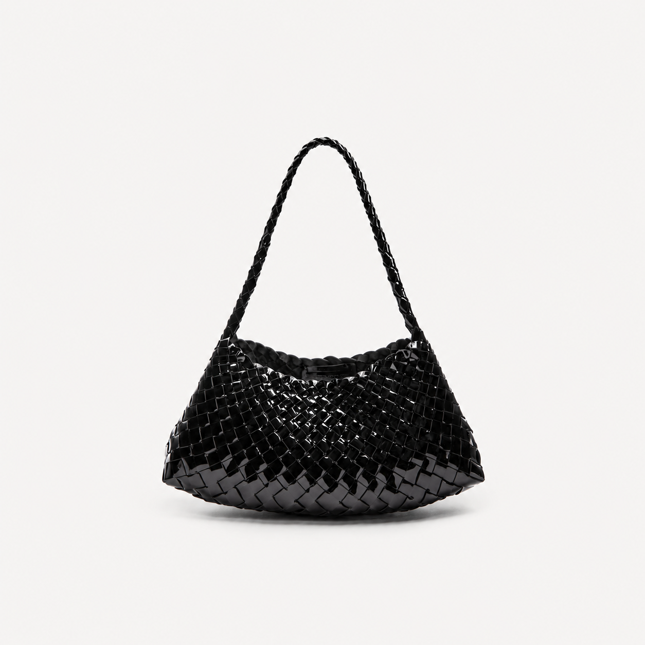 Black woven handbag on a light gray background
