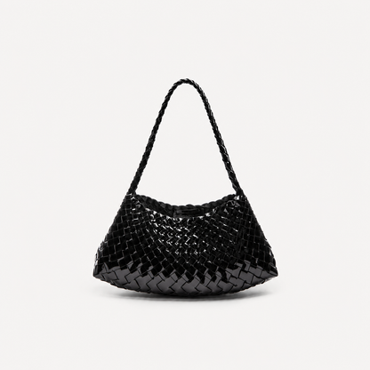 Black woven handbag on a light gray background