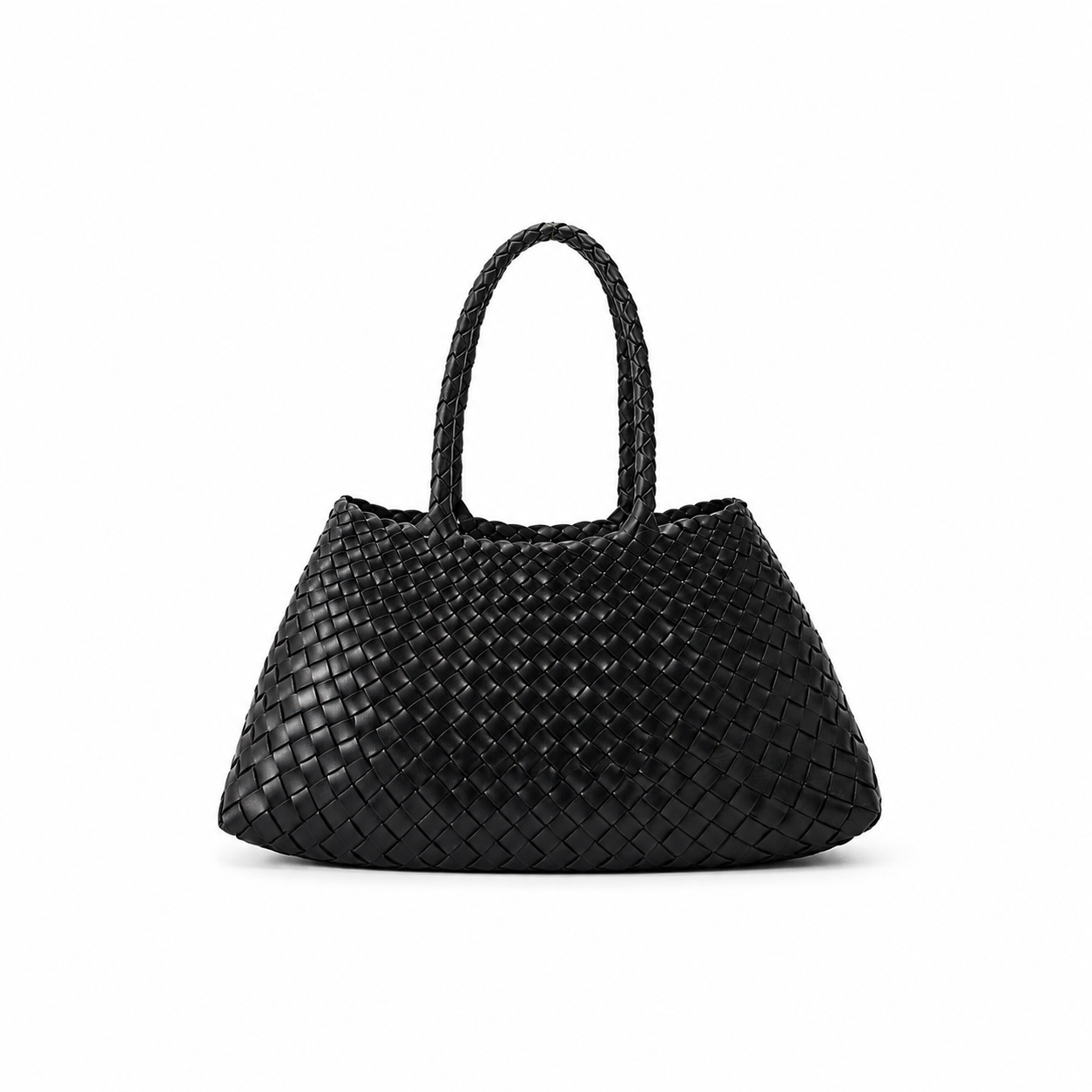 Black woven handbag on a white background