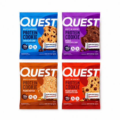 Four Quest Soft & Chewy Protein Cookie flavor packages: Chocolate Chip, Double Chocolate Chip, Peanut Butter, and Peanut Butter Chocolate Chip on a white background