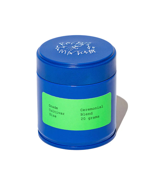 Blue container with a green label on a white background