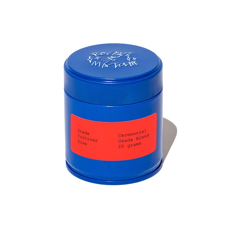 Blue container with a red label on a white background