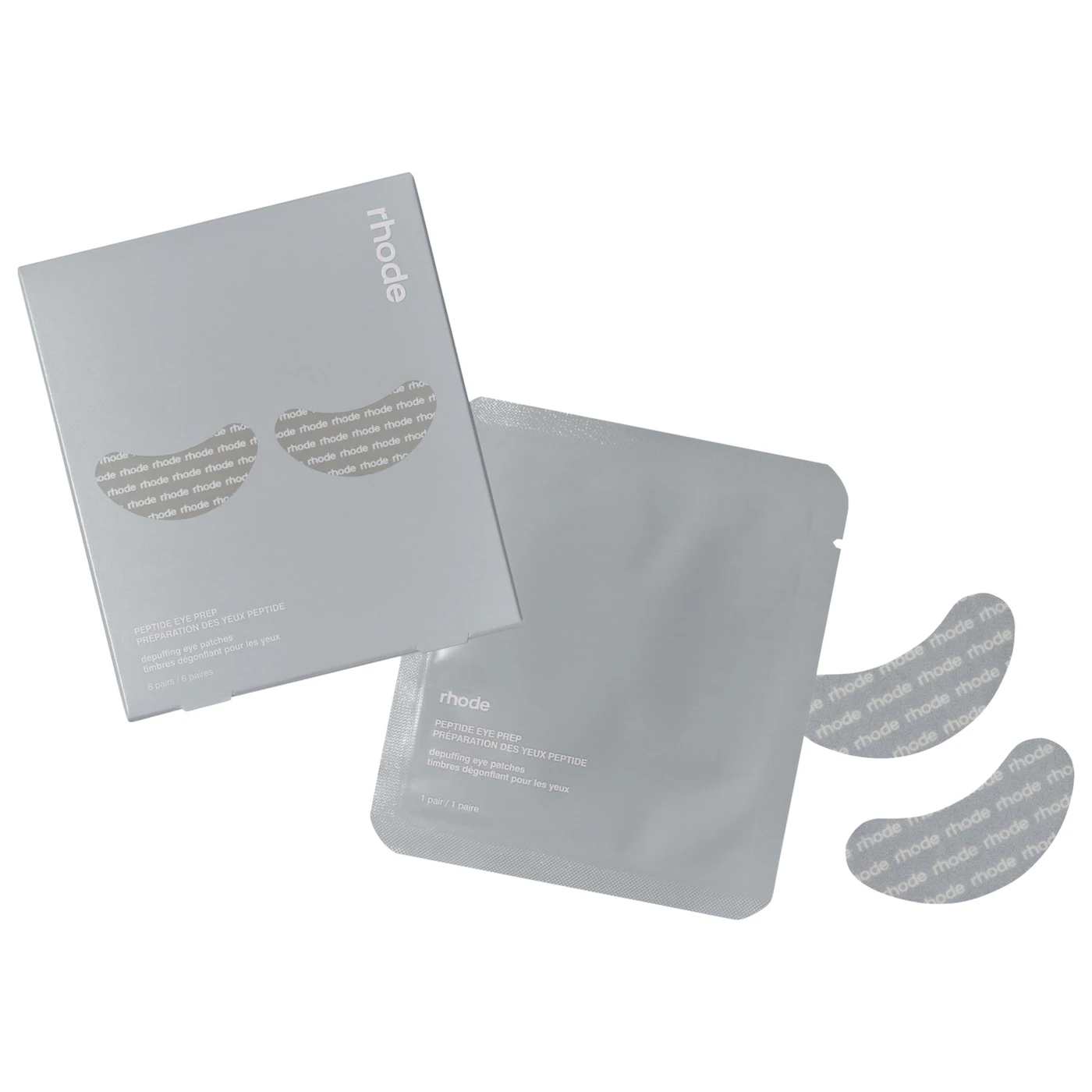 Gray eye mask packaging with 'rhode' branding on a white background