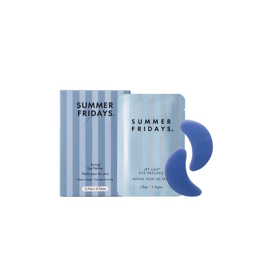 Summer Fridays eye patch packaging with blue eye patches on a white background